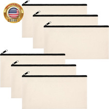 Small Canvas Zipper Pouch   6-Pack 8" X 4.2" Blank Natural Cotton Bags with Wh