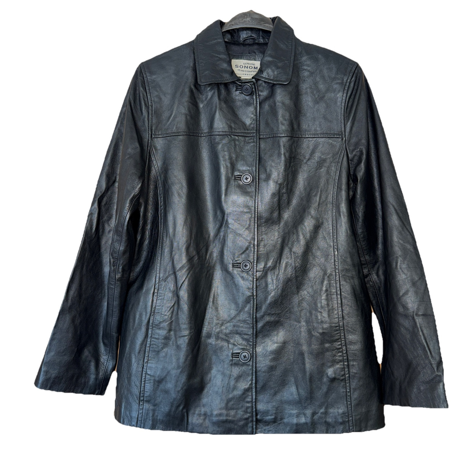 Sonoma Black Soft Genuine Lambskin Leather Jacket Button Down Women’s Sz L