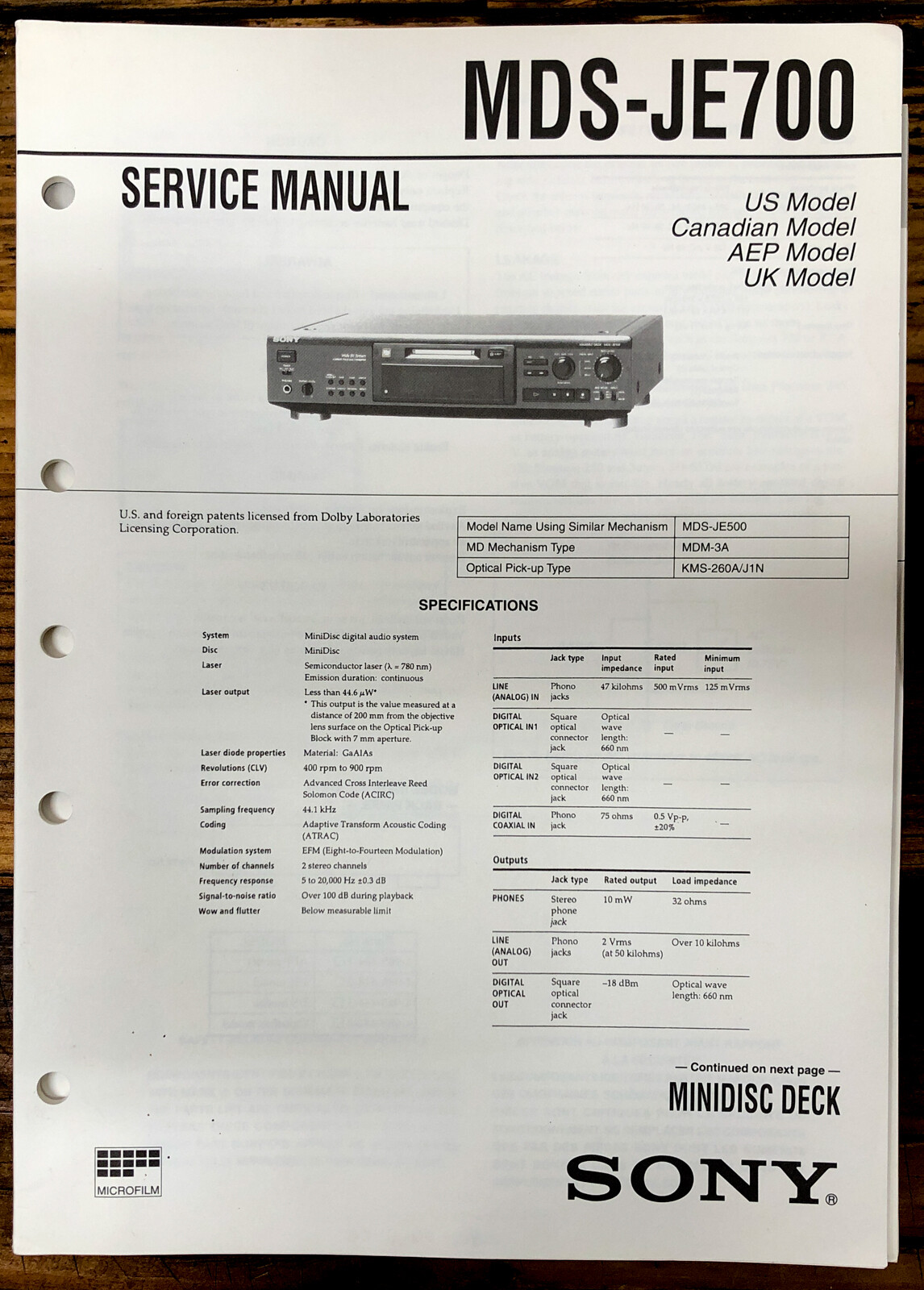 Sony MDSJE700 MD MiniDisc Deck Service Manual *Original* eBay