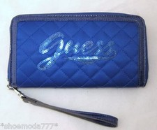 GUESS POPULAR Wristlet Wallet Clutch Organizer Purse Quilted Sequins New Blue