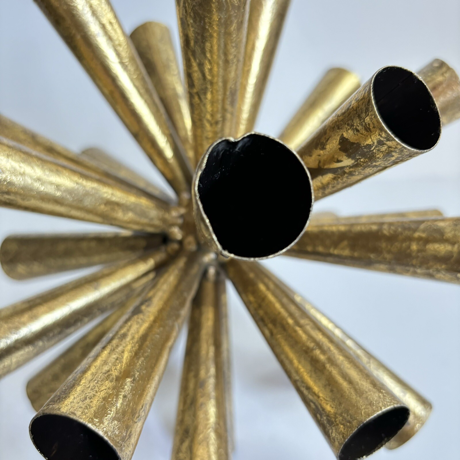 2 Metal Starburst Sputnik Style Tube Sculptures 10” And 8” Gold Tone Vintage