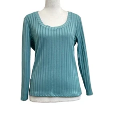 Mango Sea Foam Ribbed Knit 3/4 Sleeve Scoop Neck Top sz S 90s Preppy Style