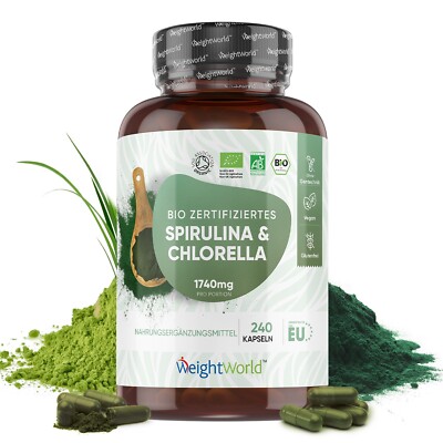 Spirulina Chlorella - 240 Bio Kapseln - Eisen - Zink - Bio & pflanzlich - Vegan