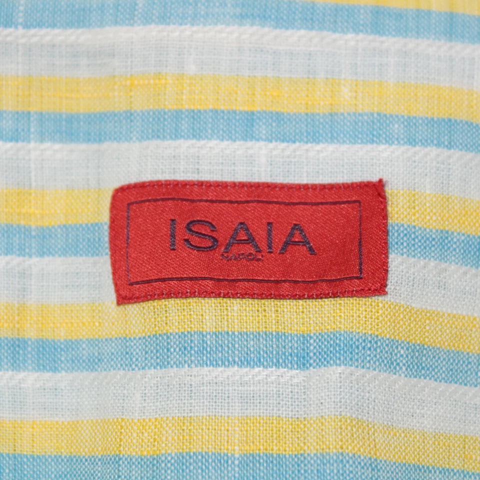 Camisa Isaia Nueva con Etiquetas Informal Abotonada Manga Corta Lino Talla 41 16 Amarillo/Azul Foto 3 de 4