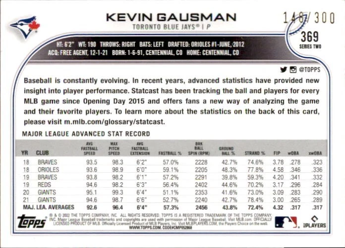 2022 Topps Advanced Stats #369 Kevin Gausman /300 Blue Jays Numbered Parallel SP - Image 2 of 2