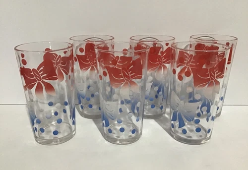 Vintage Set of 6 Federal Glass 8 oz Tumblers Red White Blue Bows & Dots VG