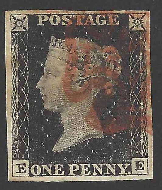 UK Penny Black Stamp 1840 SC #1 Plate 1-B Red Maltese Cross Nice