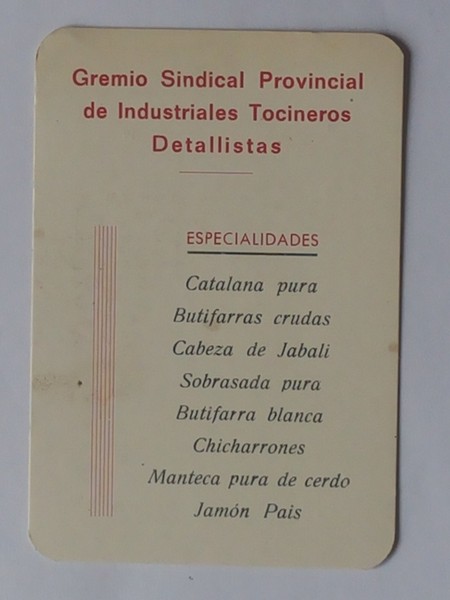 CALENDARIO GREMIO SINDICAL PROVINCIAL INDUSTRIALES TOCINEROS DETALLIS. AÑO 1968.