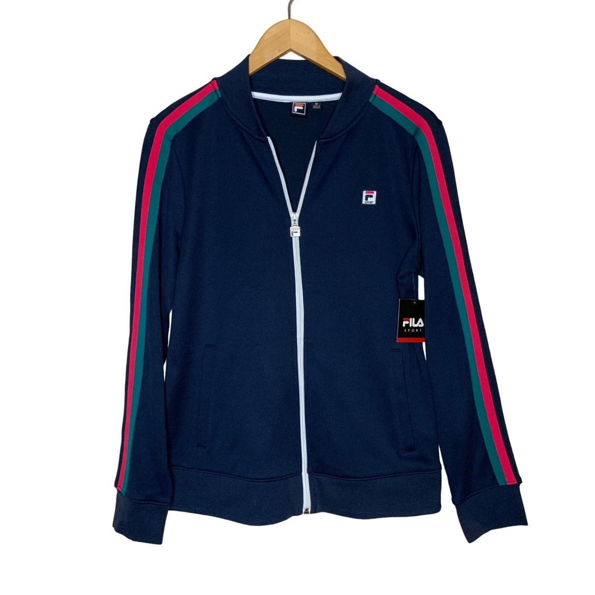 Fila Sport Full Zip Jacket Racing Stripe Navy Blue Pink Green NWT Women s Size M