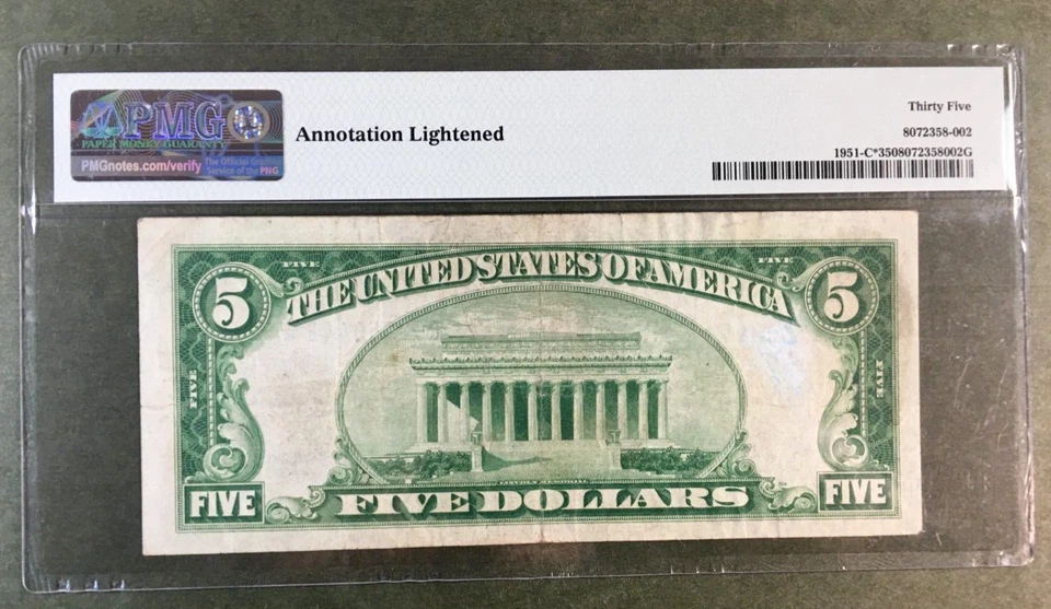 1928A $5 FRN PHILADELPHIA STAR  BIG 3 Seal FR. 1951-C* / PMG 35 [] C 00250442 * - Image 2 of 2