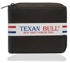 Texan Bull RFID Genuine Leather Men's  Zip-Around Organizer Bifold Wallet Brown
