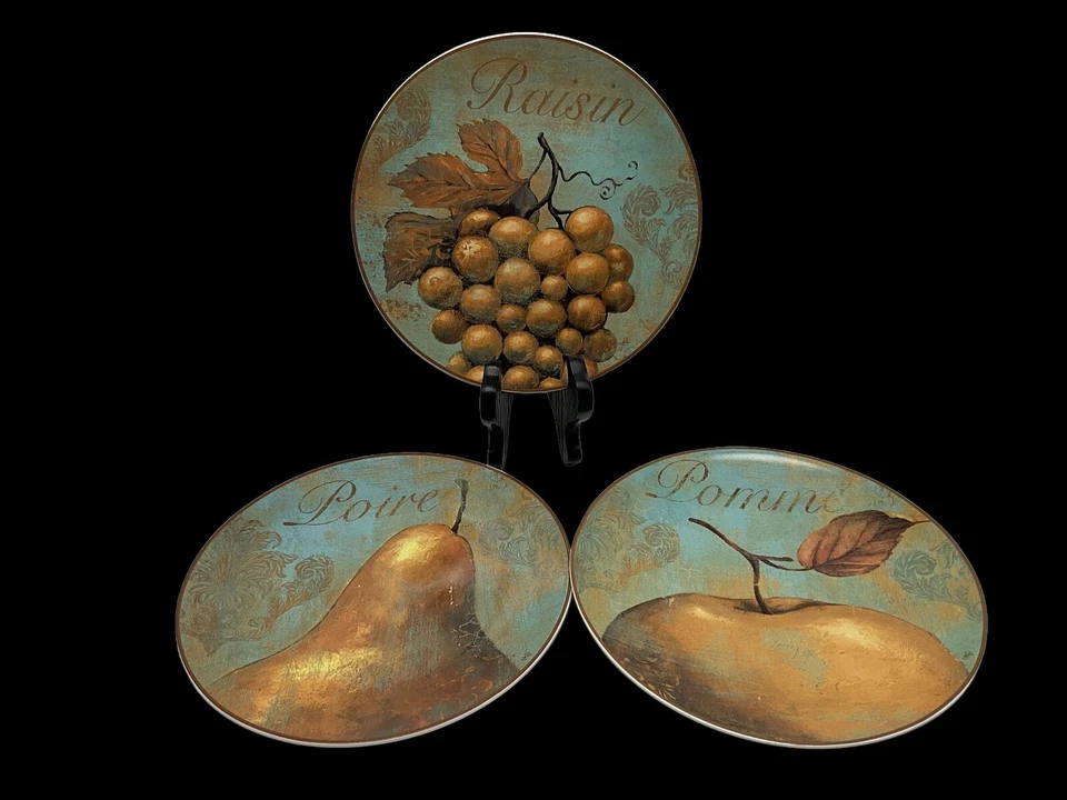 Pier 1 Imports Platos de Postre de Frutas Azul 8.25" Pompón Redondo, Pasas, Poire Set 3 Foto 2 de 4