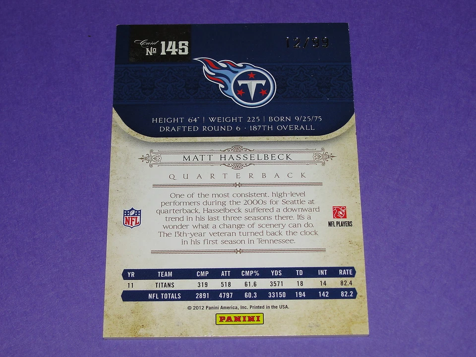 2011 National Treasures MATT HASSELBECK #145 SP/99 Titans-Colts / Boston College - Image 2 of 2