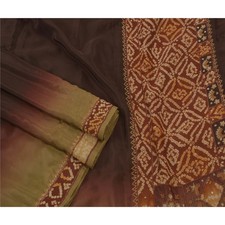 Sanskriti Vintage Indian Sarees Art Silk Hand Beaded Brown Craft Fabric Sari