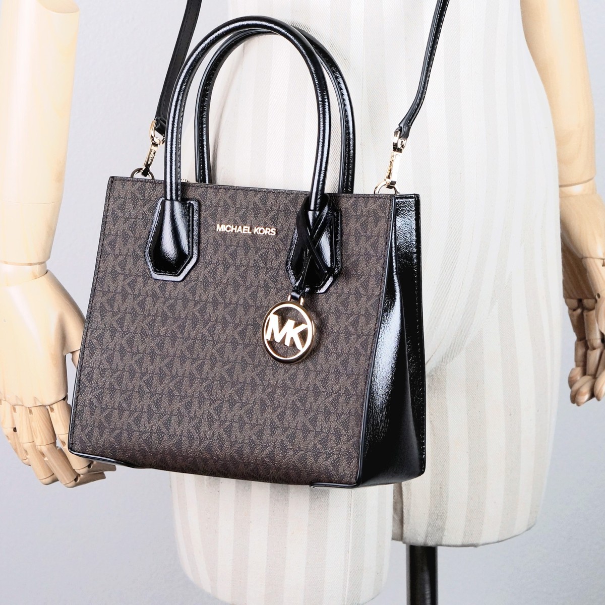 Latest Michael Kors MERCER Medium Brown Logo PVC Crossbody Bag