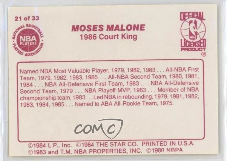 1986 Star Court Kings Moses Malone #21 HOF - Image 2 of 2