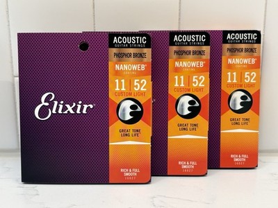 Elixir Acoustic Guitar Strings Nanoweb Phosphor Bronze 3-Pack 16027 11-52 New