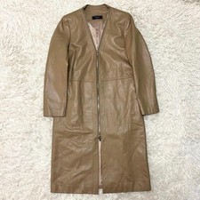 FERRARA Lambskin Leather Long Coat Greige No Collar Double Zip S M