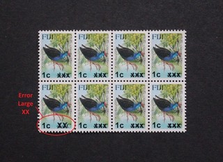 FIJI ERROR PROVISIONAL OVERPRINT 1c/44c MNH BLK8 WITH ONE LARGE XX ERROR RR