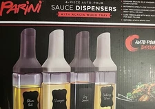 PARINI 4PC AUTO-POUR SAUCE  DISPENSERS WITH ACACIA WOOD TRAY