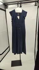 Quince Women Vintage Wash Tencel Button Front Midi Blue Basic Sleeved Dress S