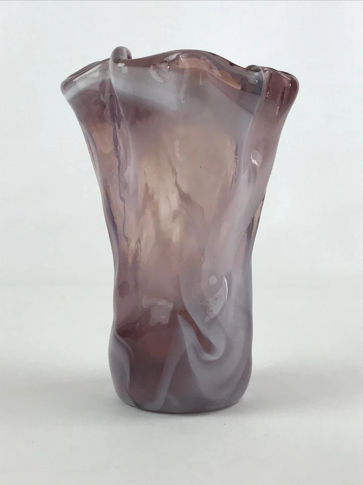Japanese Blown Glass Flower Vase Vtg Kabin Ikebana Ruffled Edge White Purple FK5 - Image 4 of 4