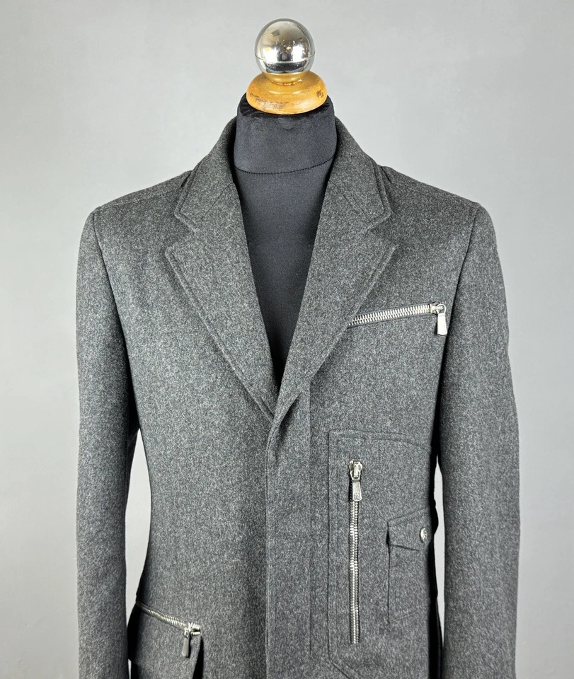 Men VERSACE Gray Wool Asymmetric Zip Details Military Coat Jacket Size 48 - Image 2 of 4