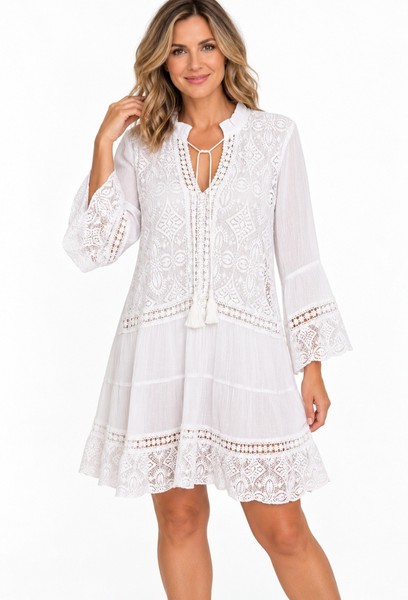 VIRTUELLE Tunic Top Size 18 White Lacey Bell Sleeve Tassel Tiered Boho Gypsy