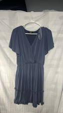 GiGiO Womens Medium Blue Faux Wrap Flutter Sleeve Tiered Ruffle Dress