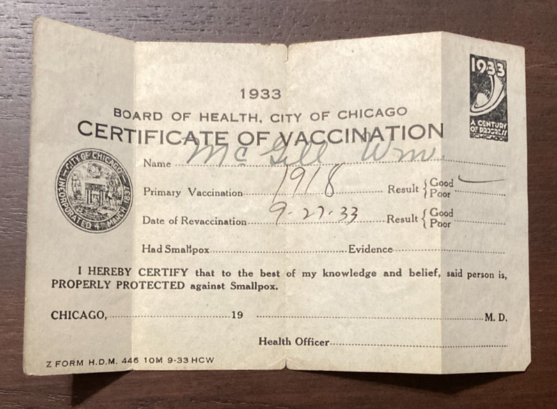 1933 Certificate of Smallpox Vaccination William McGill African American Artist