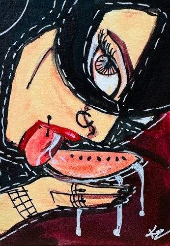 Sensual Goth Girl Watermelon ACEO Original Acrylic Painting Dark Anime Art OOAK
