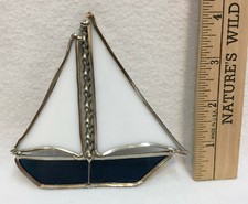 Sailboat Stained Glass Sun Catcher Hanging White  Blue 4.5" Long Nautical Boat