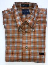 FACONNABLE LARGE ALL COTTON USA MADE ORANGE GREEN WHITE PLAID SPORT SHIRT