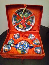 Vintage Chinese 9 Piece Miniature Tea Set in Red Silk Box