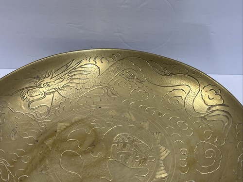 Vintage Chinese Dragon Brass Engraved Large Bowl 12” D - Picture 6 of 9