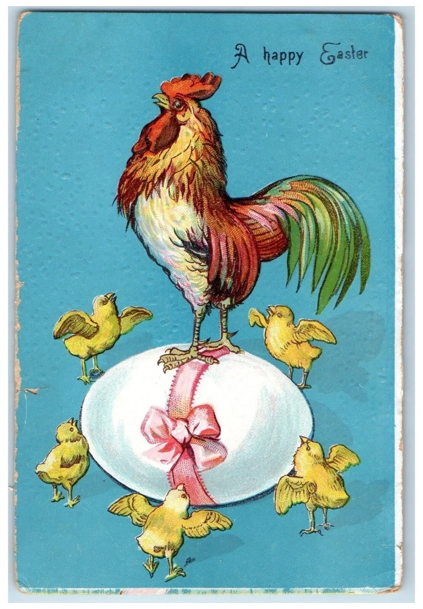 c1910's Happy Easter Egg Chicks Rooster Chicken Hen Embossed Antique Postcard