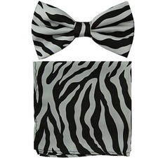 New Men's Pre-tied Bow Tie  Pocket Square Hankie set zebra gray black formal