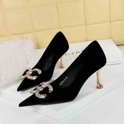 Pumps Damenschuhe 7 CM Schwarz Samt Elegant Komfortabel Leder Kunststoff 85874