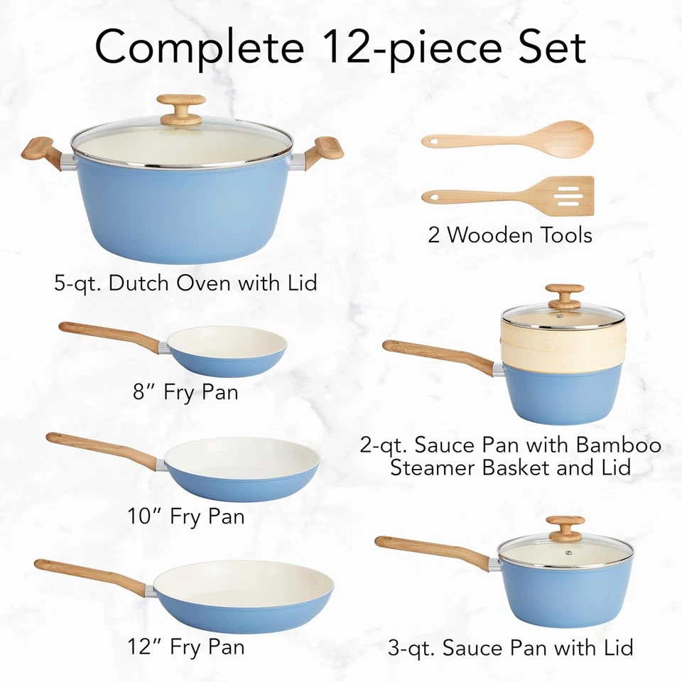 GoodCook 12-Piece Healthy Ceramic 12 Piece Cookware Set, Blue/White/Tan - Image 2 of 4