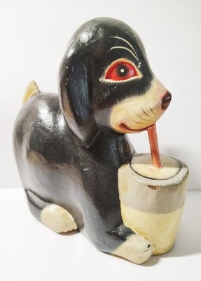 Süsser Biertrinkender Hund- Schwarz- 2.Wahl Bali Figur Holz Holzfigur Handarbeit