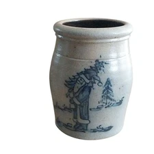 Vtg 1990 Christmas ROWE Pottery Cambridge Wis Salt Glaze Crock Santa 6.5"