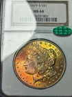 1879-S $1 NGC MS64 CAC Morgan Silver Dollar Coin Rainbow Toned Golden Toning