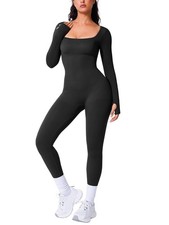 Long Sleeve Jumpsuit for Women Workout Yoga Square Neck Full Body Suits Shape...