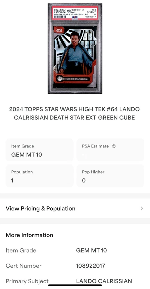 Lando Calrissian 2024 Topps Star Wars High Tek Green #/10 PSA 10 Pop 1/1 - Image 3 of 3