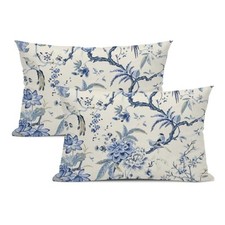 Chinoiserie Lumbar Pillow Covers 12 x 20 Set of 2 Birds Floral Linen Throw