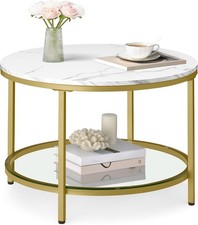 Round Coffee Table 2-Tier Small Coffee Table W/ Faux Marble Top  Glass Shelf Mo