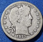 A 1913 D Barber Quarter 25C Silver Circulated US Coin. Full Rims