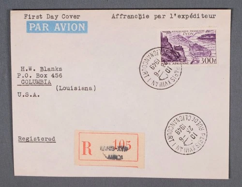 MayfairStamps France FDC 1949 Lyon 300f Air Mail Registered to Columbia LA First
