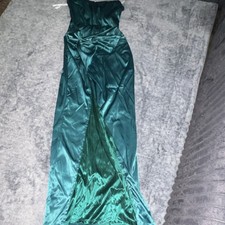 Green Satin Strapless Gown Long Side Slit Bow Accent Formal Dress