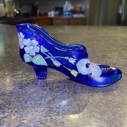 FENTON Cobalt Blue Glass Shoe Hand Painted Flowers - Signed S. Burns